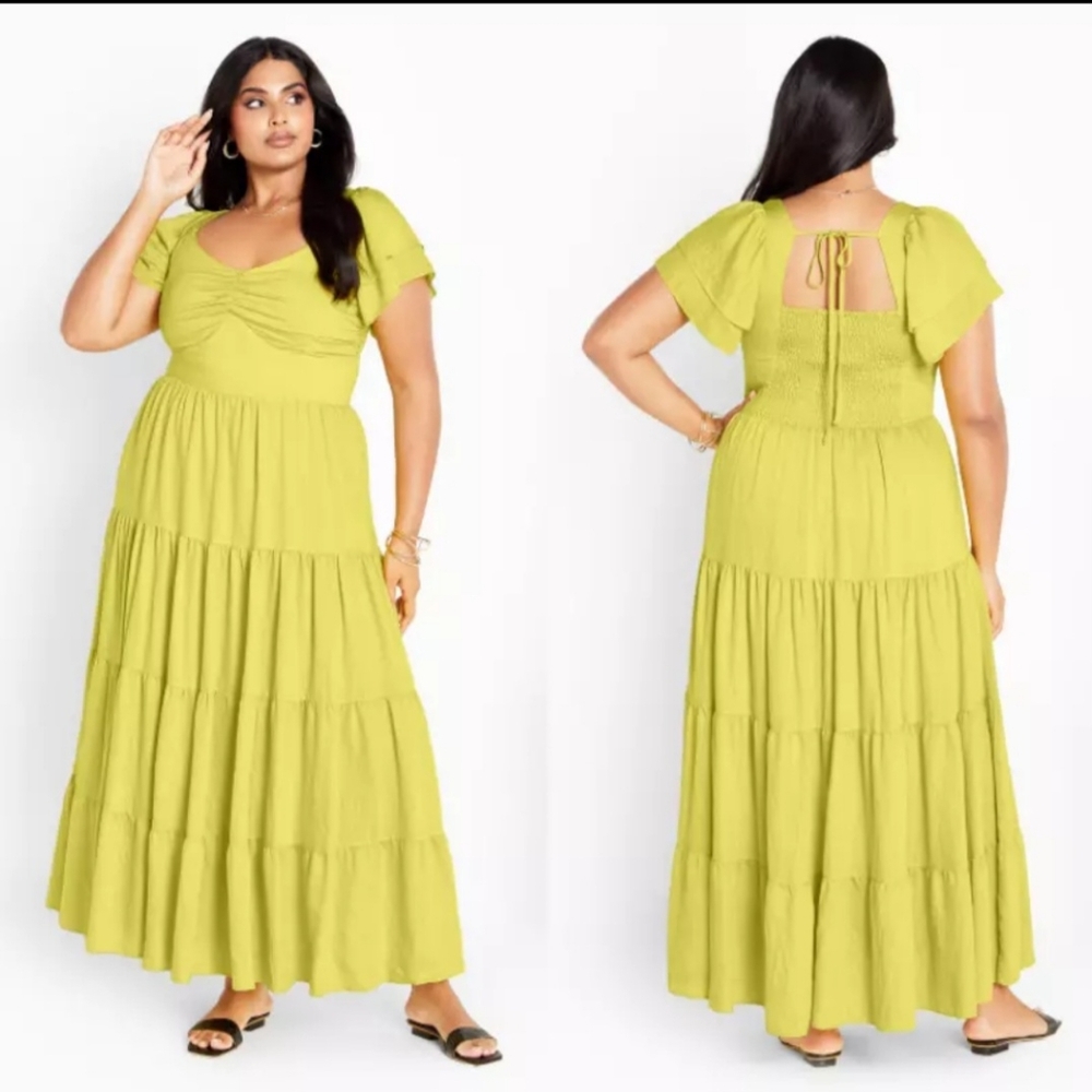 City Chic Lush Lime Ariella Flutter Sleeves Tier Maxi Vacation Dress